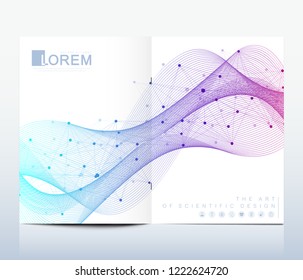 Modern vector template for brochure, leaflet, flyer, cover, catalog in A4 size. DNA helix, DNA strand, molecule or atom, neurons. Abstract structure for Science or medical background