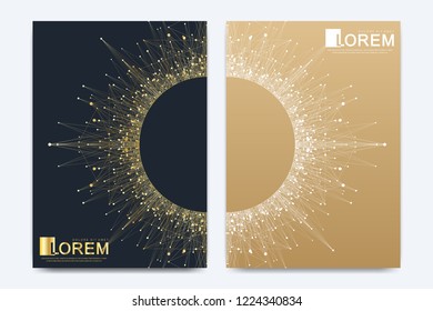Modern vector template for brochure, leaflet, flyer, cover, banner, catalog, magazine, or annual report in A4 size. Futuristic science and technology design. Presentation with mandala. Lines plexus