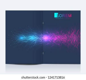 Modern vector template for brochure, leaflet, flyer, cover, banner, catalog, magazine, or annual report in A4 size. DNA helix, DNA strand, molecule or atom, neurons. Wave flow. Lines plexus.