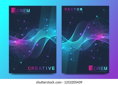 Modern vector template for brochure leaflet flyer cover banner catalog magazine or annual report in A4 size. DNA helix, DNA strand, molecule or atom, neurons. Wave flow. Lines plexus.