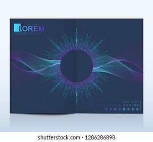 Modern vector template for brochure, leaflet, flyer, cover, banner, catalog, magazine, or annual report in A4 size. Futuristic science and technology design. Presentation with mandala. Lines plexus