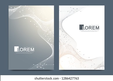 Modern vector template for brochure, leaflet, flyer, cover, catalog in A4 size. DNA helix, DNA strand, molecule or atom, neurons. Abstract structure for Science or medical background