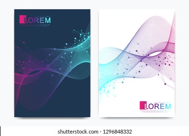 Modern vector template for brochure, leaflet, flyer, cover, catalog in A4 size. DNA helix, DNA strand, molecule or atom, neurons. Abstract structure for Science or medical background.