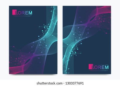 Modern vector template for brochure, leaflet, flyer, cover, catalog in A4 size. DNA helix, DNA strand, molecule or atom, neurons. Abstract structure for Science or medical background.