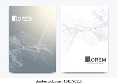 Modern vector template for brochure, leaflet, flyer, cover, catalog in A4 size. DNA helix, DNA strand, molecule or atom, neurons. Abstract structure for Science or medical background.