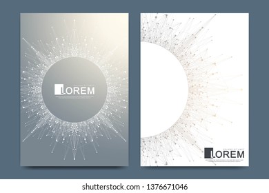 Modern vector template for brochure, leaflet, flyer, cover, banner, catalog, magazine, or annual report in A4 size. Futuristic science and technology design. Presentation with mandala. Lines plexus