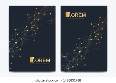 Modern vector template for brochure, leaflet, flyer, cover, banner, catalog, magazine, or annual report in A4 size. Futuristic science and technology design. Geometric graphic background molecule.