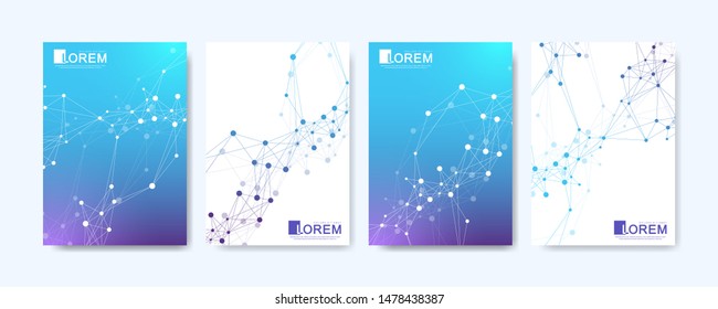 Modern vector template for brochure, leaflet, flyer, cover, catalog in A4 size. DNA helix, DNA strand, molecule or atom, neurons. Abstract structure for Science or medical background.