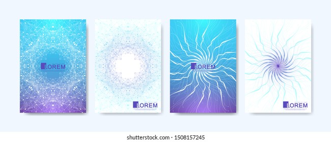 Modern vector template for brochure, leaflet, flyer, cover, banner, catalog, magazine, or annual report in A4 size. Futuristic science and technology design. Presentation with mandala. Lines plexus.