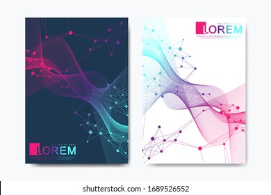 Modern vector template for brochure, leaflet, flyer, cover, catalog in A4 size. DNA helix, DNA strand, molecule or atom, neurons. Abstract structure for Science or medical background