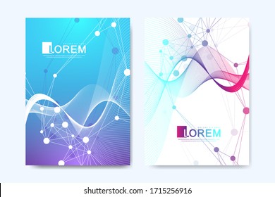 Modern vector template for brochure, leaflet, flyer, cover, catalog in A4 size. DNA helix, DNA strand, molecule or atom, neurons. Abstract structure for Science or medical background.