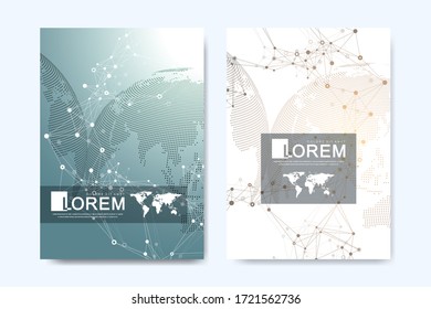 Modern vector template for brochure Leaflet flyer advert, cover, catalog, magazine or annual report. Business, science, medical design. Scientific cybernetic dots. Lines plexus. Card surface