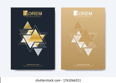 Modern vector template for brochure leaflet flyer cover catalog magazine or annual report in A4 size. Abstract geometric background with triangles in golden style. Card surface.