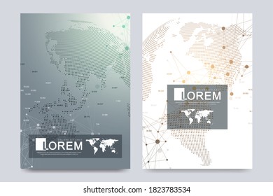 Modern vector template for brochure Leaflet flyer advert, cover, catalog, magazine or annual report. Business, science, medical design. Scientific cybernetic dots. Lines plexus. Card surface