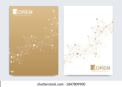Modern vector template for brochure, Leaflet, flyer, advert, cover, catalog, magazine or annual report. Business, science medical design. Scientific golden cybernetic dots. Lines plexus. Card surface