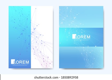 Modern vector template for brochure, leaflet, flyer, cover, catalog in A4 size. DNA helix, DNA strand, molecule or atom, neurons. Abstract structure for Science or medical background