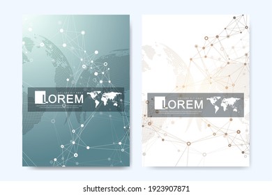 Plantilla vectorial moderna para folletos, folletos, volantes, anuncios, portada, catálogo, revista o informe anual. Conexión de red global. Puntos ciberneticos científicos. Plexo de líneas. Superficie de la tarjeta