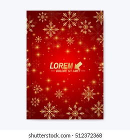 Modern vector template for brochure, leaflet, flyer, cover, magazine or annual report. Christmas and Happy New Years Layout in A4 size. Holidays book layout. Winter background with golden snowflakes