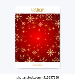 Modern vector template for brochure, leaflet, flyer, cover, magazine or annual report. Christmas and Happy New Years Layout in A4 size. Holidays book layout. Winter background with golden snowflakes