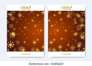 Modern vector template for brochure, leaflet, flyer, cover, magazine or annual report. Christmas and Happy New Years Layout in A4 size. Holidays book layout. Winter background with golden snowflakes