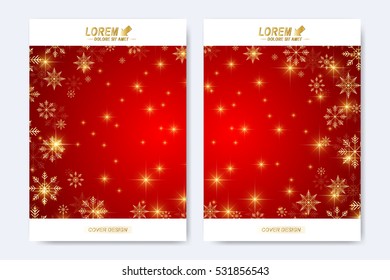 Modern vector template for brochure, leaflet, flyer, cover, magazine or annual report. Christmas and Happy New Years Layout in A4 size. Holidays book layout. Winter background with golden snowflakes