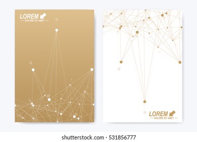 Modern vector template for brochure Leaflet flyer advert cover magazine or annual report. A4 size. Business, science, medical design book layout. Golden cybernetic dots. Lines plexus. Card surface