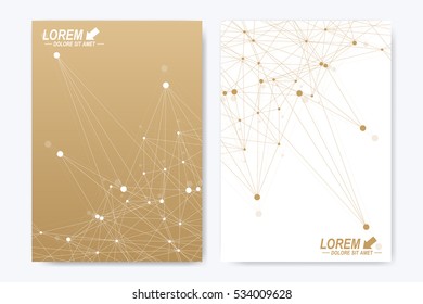 Modern vector template for brochure Leaflet flyer advert cover catalog magazine or annual report. A4 size. Business, science, medical design. Golden cybernetic dots. Lines plexus. Card surface