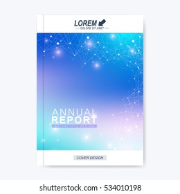 Modern vector template for brochure, leaflet, flyer, cover, catalog, magazine or annual report. Business, science, technology design book layout in A4 size. Scientific molecule background presentation