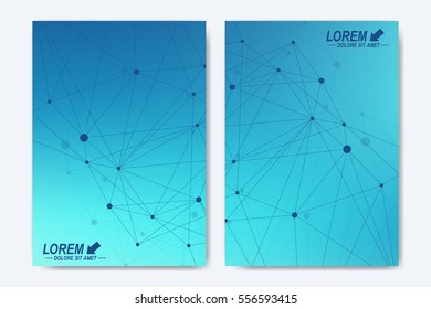 Modern vector template for brochure, leaflet, flyer, cover, catalog, magazine or annual report. Business, science, technology design book layout in A4 size. Scientific molecule background presentation