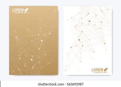 Modern vector template for brochure, Leaflet, flyer, advert, cover, catalog, magazine or annual report. A4 size. Business, science, medical design. Golden cybernetic dots. Lines plexus. Card surface