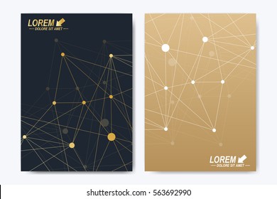 Modern vector template for brochure, Leaflet, flyer, advert, cover, catalog, magazine or annual report. A4 size. Business, science, medical design. Golden cybernetic dots. Lines plexus. Card surface