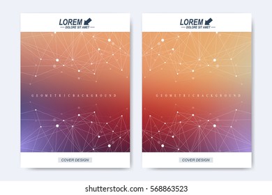 Modern vector template for brochure, Leaflet flyer advert cover, catalog, magazine or annual report. A4 size. Business, science, medical design. Cybernetic dots. Lines plexus. Card surface