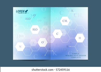 Modern vector template for brochure, Leaflet flyer, advert, cover, catalog, magazine or annual report. Business, science, medical design. Scientific pattern structure molecule DNA. Card surface