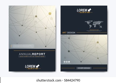 Planta vectorial moderna para el anuncio del folleto, portada, catálogo, revista o informe anual. Negocios, ciencia, diseño médico. Puntos ciberneticos científicos. Plexo de líneas. Superficie de la tarjeta