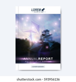 Modern vector template for brochure, leaflet, flyer, cover, magazine or annual report. Scientific particle compounds. Geometric card surface. Urban blurred background presentation