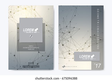 Modern vector template for brochure, Leaflet, flyer, advert, cover, catalog, magazine or annual report. Business, science, medical design. Scientific cybernetic dots. Lines plexus. Card surface