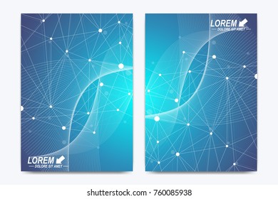 Modern vector template for brochure Leaflet flyer advert, cover, catalog, magazine or annual report. Business, science, medical design. Scientific cybernetic dots. Lines plexus. Card surface