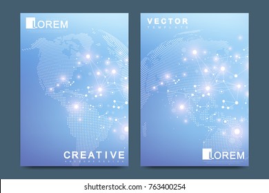 Modern vector template for brochure Leaflet, flyer advert cover catalog magazine or annual report. Business, science design. Scientific cybernetic dotted world map. Lines plexus. Card surface