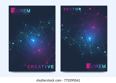 Modern vector template for brochure, Leaflet, flyer, advert, cover, catalog, magazine or annual report. Geometric pattern with connected lines and dots. Cybernetic dots. Lines plexus. Card surface.