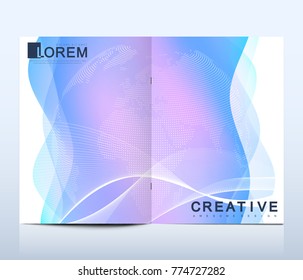 Modern vector template for brochure Leaflet, flyer advert cover catalog magazine or annual report. Business, science design. Scientific cybernetic dotted world map. Lines plexus. Card surface