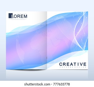 Modern vector template for brochure Leaflet, flyer advert cover catalog magazine or annual report. Business, science design. Scientific cybernetic dotted world map. Lines plexus. Card surface