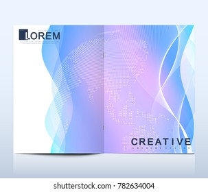 Modern vector template for brochure Leaflet, flyer advert cover catalog magazine or annual report. Business, science design. Scientific cybernetic dotted world map. Lines plexus. Card surface