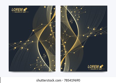 Modern vector template for brochure, leaflet, flyer, cover, catalog, magazine or annual report in A4 size. Business, science and technology design book layout. Presentation with golden waves