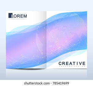 Modern vector template for brochure Leaflet, flyer advert cover catalog magazine or annual report. Business, science design. Scientific cybernetic dotted world map. Lines plexus. Card surface