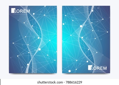 Modern vector template for brochure Leaflet flyer advert, cover, catalog, magazine or annual report. Business, science, medical design. Scientific cybernetic dots. Lines plexus. Card surface