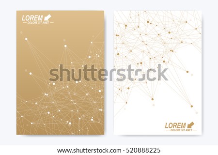 Modern vector template for brochure Leaflet flyer advert cover magazine or annual report. A4 size. Business, science, medical design book layout. Golden cybernetic dots. Lines plexus. Card surface