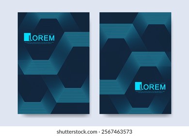 Modern vector template for brochure, poster, cover, flyer, leaflet, catalog, advert, magazine or annual report in A4 size. Business, science and technology design presentation with hexagons.