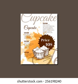 Modern Vector Template for Cupcake Brochure, Report, Poster, Banner or Flyer Design. Watercolor paint Background and sketch style sweet cake.Can be used for restaurant menu design.