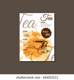 Modern Vector Template for Cupcake an Tea glass cup Brochure, Report, Poster, Banner or Flyer Design. Watercolor paint Background and sketch style elements.Can be used for restaurant menu design.