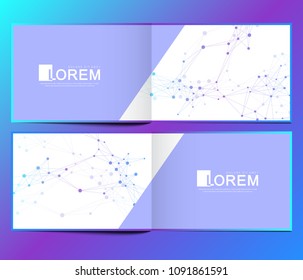 Modern vector template for horizontal brochure, leaflet, cover, magazine or annual report. Abstract medical background. Structure molecule and communication. Science, technology and medical concept